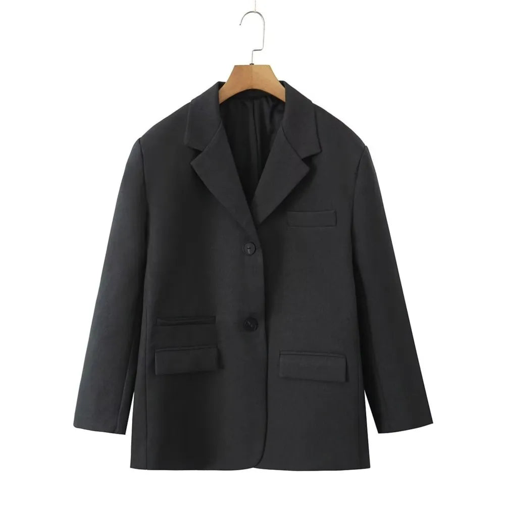 Chill Dark Gray Oversized Blazer Boyfriend Notched Collar Loose Suit Coat