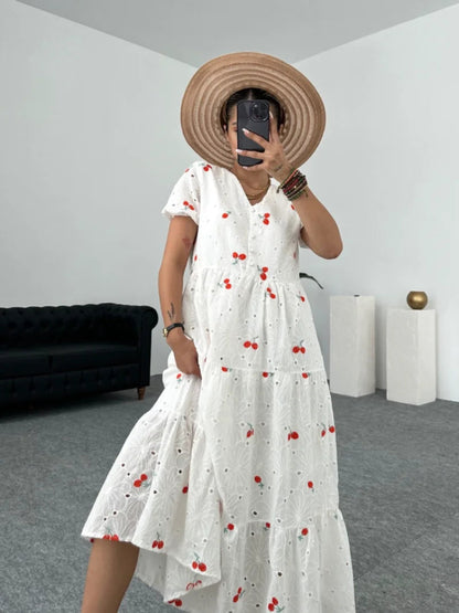 Embroidery Maxi Dresses for Summer Puff Sleeve Slim White Dress Party Club Aline Dress