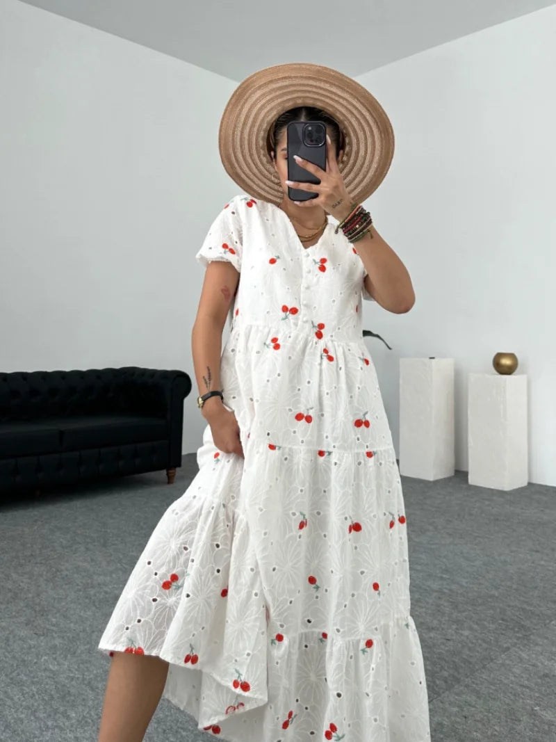 Embroidery Maxi Dresses for Summer Puff Sleeve Slim White Dress Party Club Aline Dress
