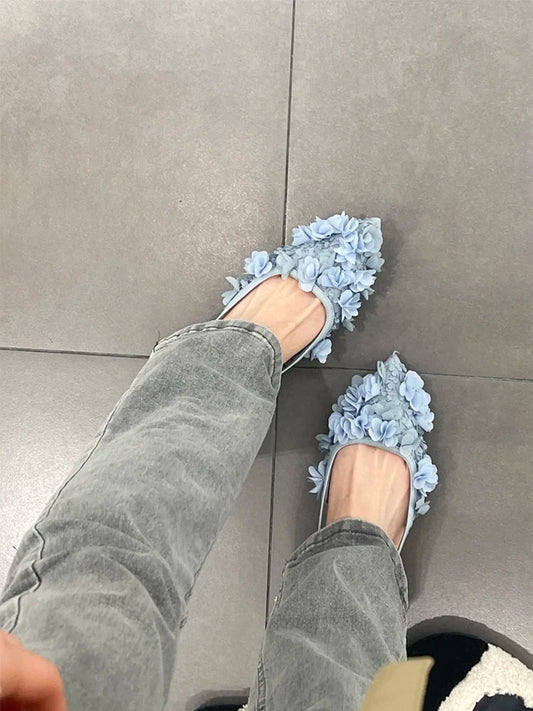 Flowers Decor Pointed Toe Flat With Shoes Sandals Back Strap Pink Designer Shoes Summer