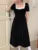 Autumn French Black Velvet Midi Dresses for Puff Sleeves Square Collar A-line Korean Vestido Mujer New
