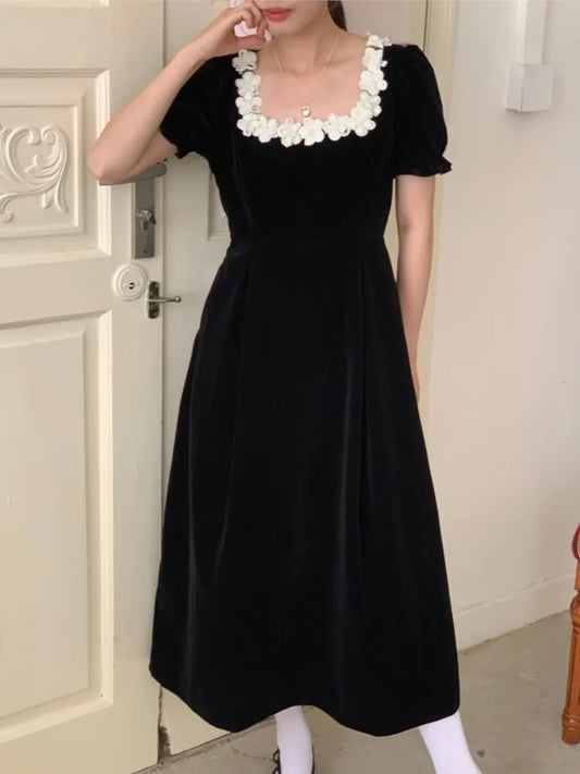 Autumn French Black Velvet Midi Dresses for Puff Sleeves Square Collar A-line Korean Vestido Mujer New