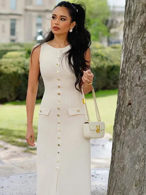 Knit Ribbed Long Dress for Slim Sleeveless Patchwork High Waist Pocket Dress ’s Maxi Dress