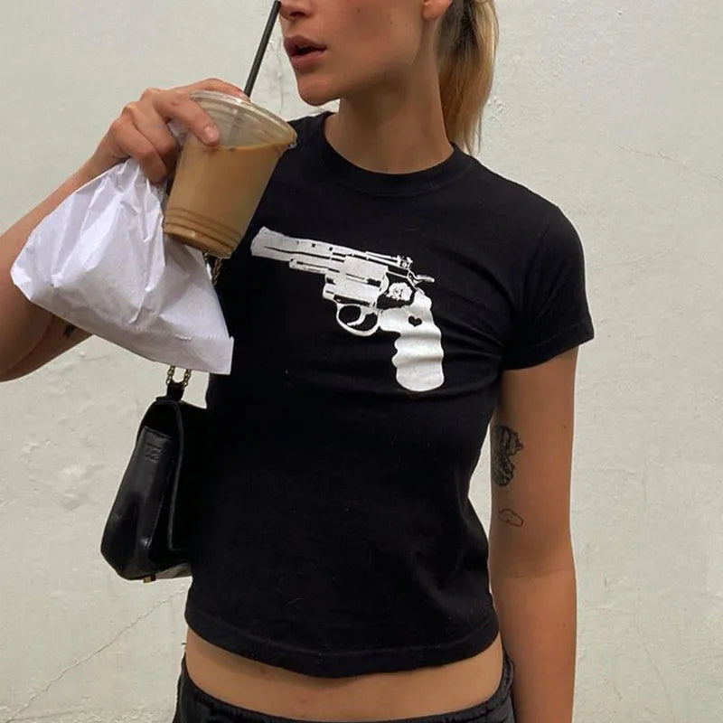 Y2k European and American Street ’s Pistol Funny Print Short Naked T-shirt Slim Fit Top