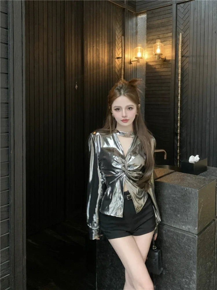 Halter Shiny Blouse Puff Sleeve Vneck Slim Fit Shirts Autumn Winter Design Silver Top