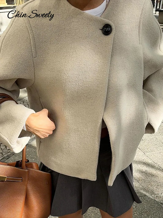 Woolen Blend Jacket for Button O-neck Long Sleeve Coat New Autumn Winter Commute Warm Outwear