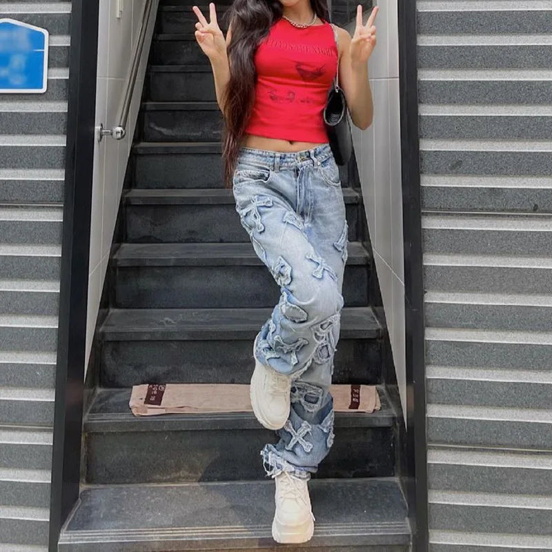 Patchwork Jeans Y2k Baggy Straight Cargo Pants Punk High Waist Wide Leg Denim Trousers 90s