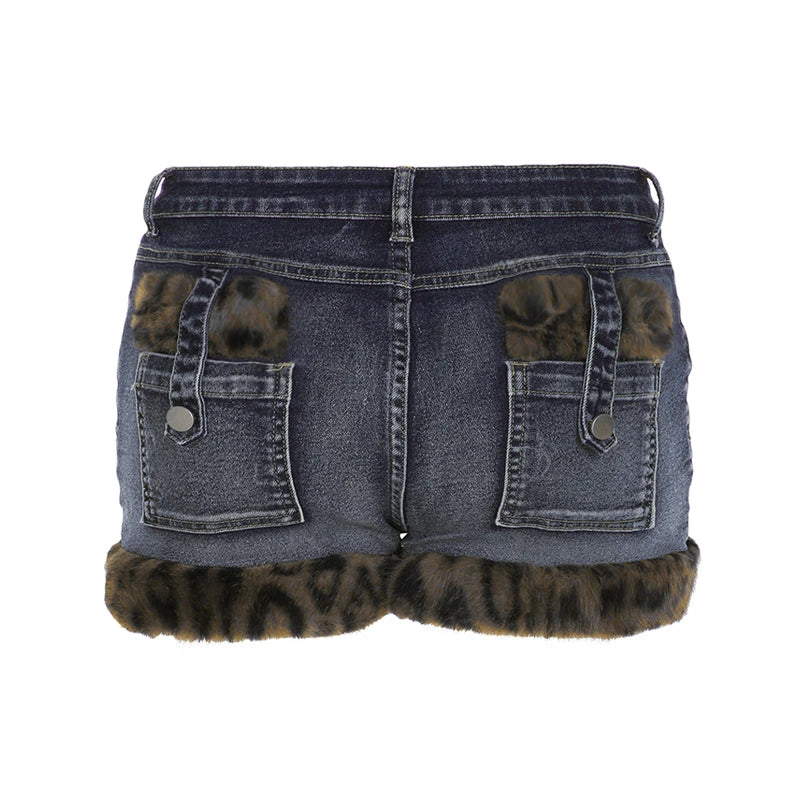 Y2k Leopard Faux Fur Spliced Jean Shorts Street Shorts Retro Exquisite