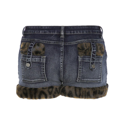 Y2k Leopard Faux Fur Spliced Jean Shorts Street Shorts Retro Exquisite