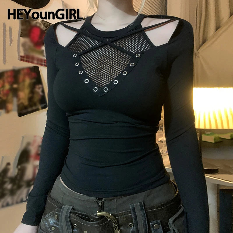 Gothic Style Fishnet Patchwork T-shirt Grommet Eyelet Black Off Shoulder Fitted Top 2000s
