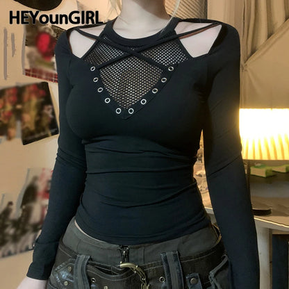 Gothic Style Fishnet Patchwork T-shirt Grommet Eyelet Black Off Shoulder Fitted Top 2000s