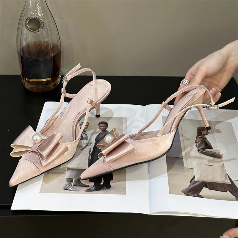 New Design Butterflyknot Pointed Toe Woman Pumps Buckle Strap Wedding Stripper Thin High Heels Shoes