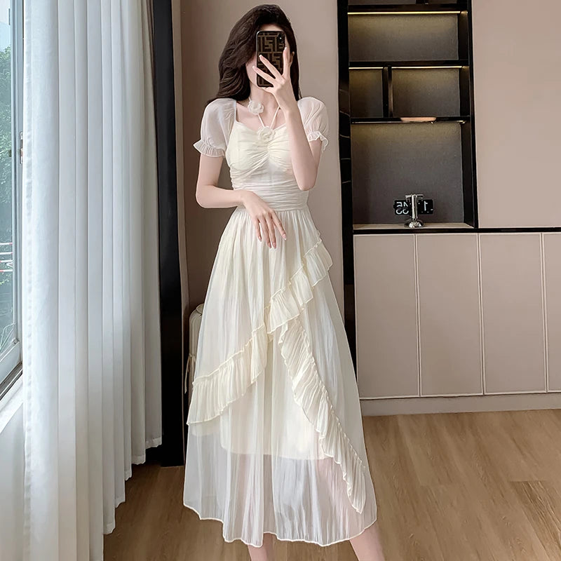 Summer French Midi Dresses New Folds Ruffle Party Robe Fairycore Neck Mounted Lady Maxi