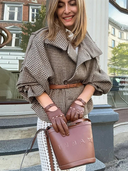 Plaid Double Breasted Street Coat Drop-shoulder Long Sleeve Stand Collar Loose Pocket Jacket Autumn Outwear