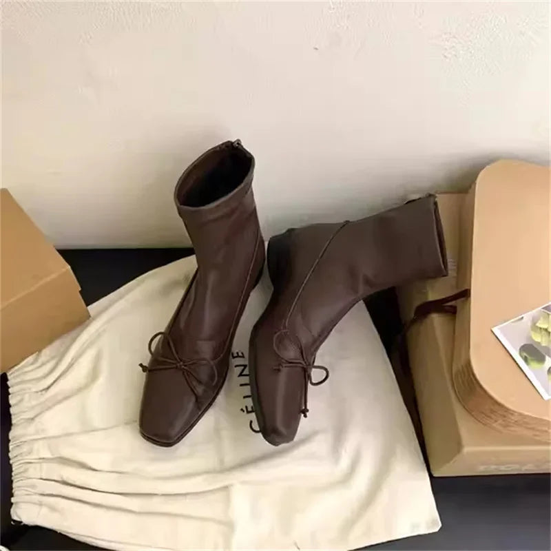 Brown Bow Back Zipper Ankle Boots Point Flat Head Square Heel Autumn Winter Shoes Sewing Thread Boot for Woman