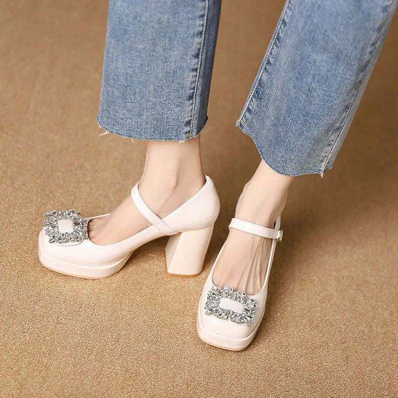 Shoes With Straps Sandals Brief Pumps Heels Square Toe Buckle African Sweet Comfortable Crystal Brand