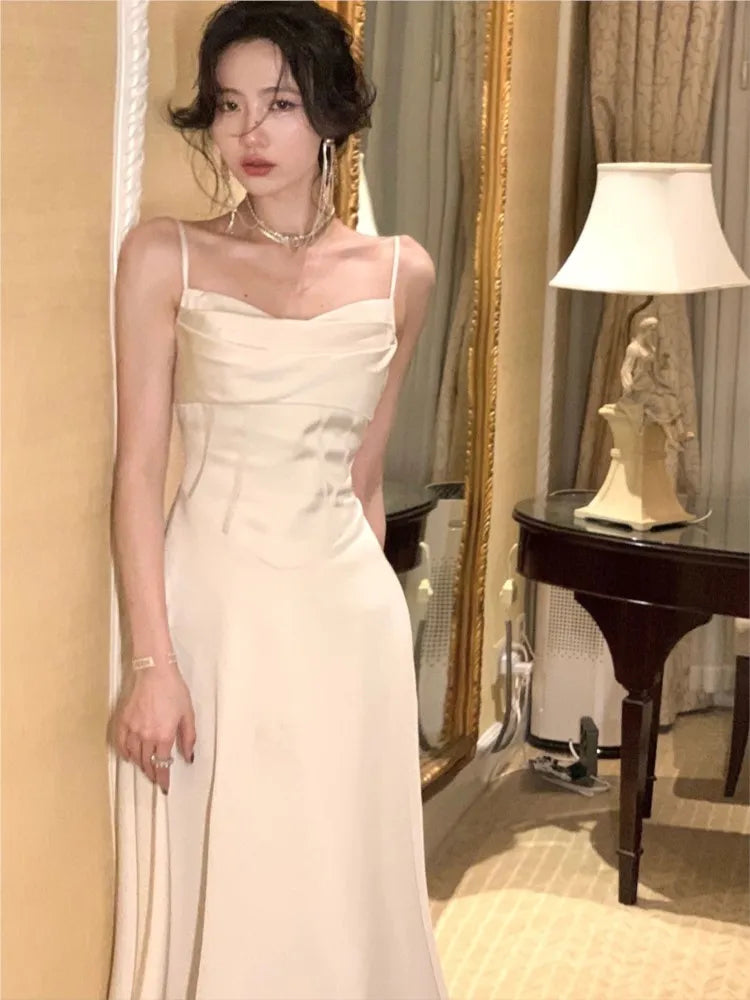 Midi Dress Sleeveless Vneck Spaghetti Strap Camisole Aline French Evening Party Prom Robe Vestidos