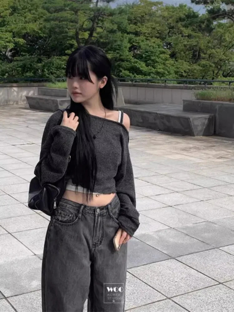 Simple Lace Up Knitted Pullover Spring Autumn New Long Sleeve Sweaters Mujer Off Shoulder Tops