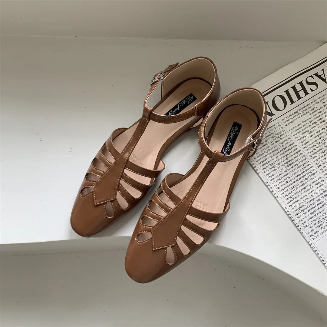 Tstrap Rome Flat Sandals Hollow Out Summer Mary Janes Shoes Pu Leather Holiday Gladiator Sandals