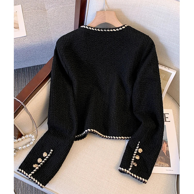 Cropped Black Tweed Jacket Suit Quilted Coat Winter Short Blazer Korean Thick Outerwear Tops