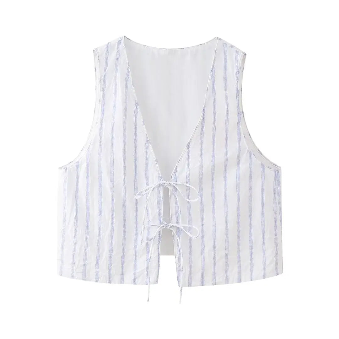 Summer Woman Stripe Vneck Tank Tops Sleeveless Slim Laceup Vests Female Cropped Waistcoat