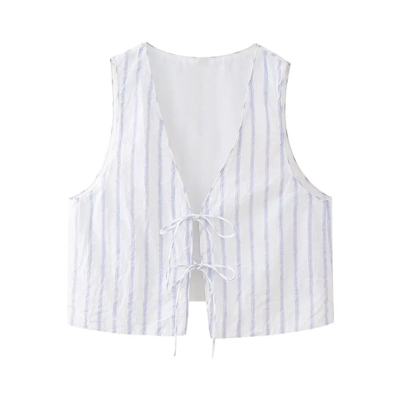 Summer Woman Stripe Vneck Tank Tops Sleeveless Slim Laceup Vests Female Cropped Waistcoat