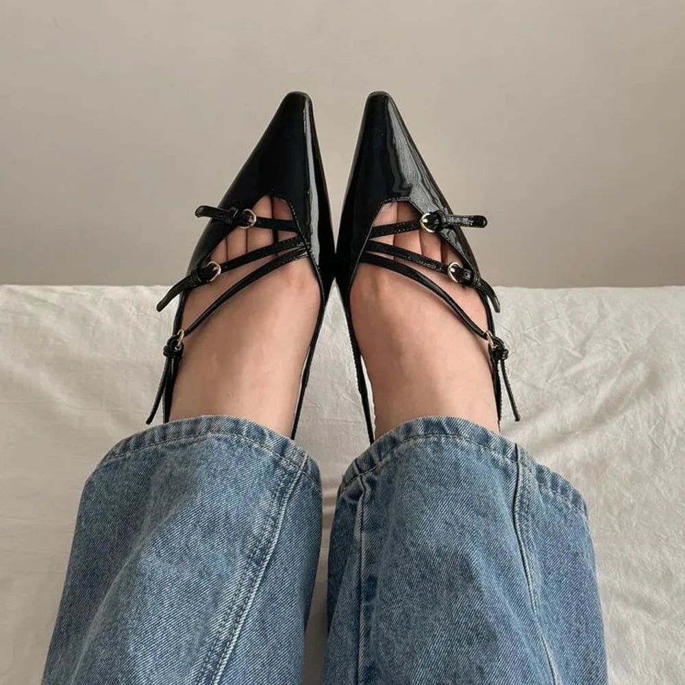 Brand Design Med Heels Pumps Pointed Toe Buckle Party Trend Slipon Mules Pumps Slingback Stiletto Shoes for