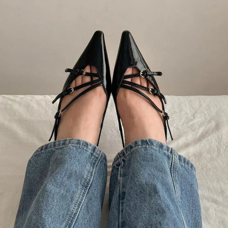 Brand Design Med Heels Pumps Pointed Toe Buckle Party Trend Slipon Mules Pumps Slingback Stiletto Shoes for