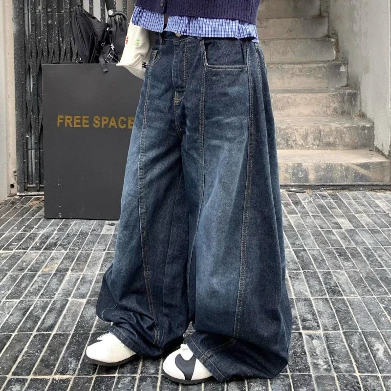 Y2k Letter Embroidery Washed Jeans Harajuku Wide Leg Denim Pants Baggy Gyaru Scimitar Trousers