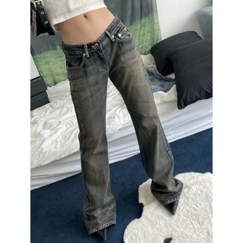 Retro Jeans Famale Clothing Loose Jeans Low Waist Y2k Aesthetics Baggy Flared Pants