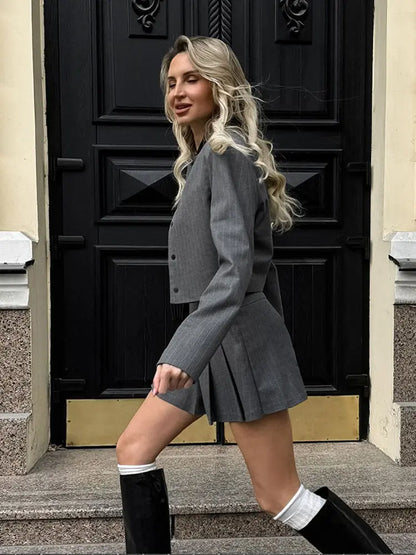 Striped Short Jackets Skirts Set Long Sleeve Suit Coat Mini Skirt Sets Female Gray Outfits