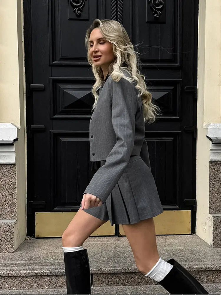 Striped Short Jackets Skirts Set Long Sleeve Suit Coat Mini Skirt Sets Female Gray Outfits