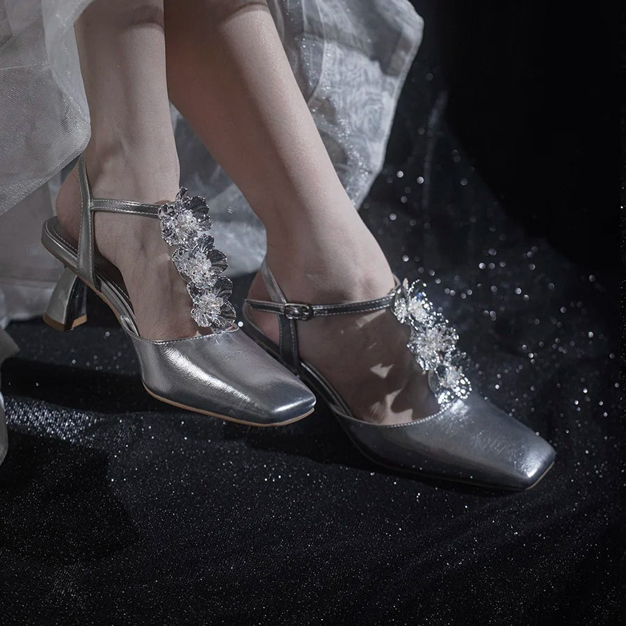 Summer Flower Sandals Sliver Shiny Leather Square Toe Ankle Straps High Heels T Strap Rose Dress Shoes