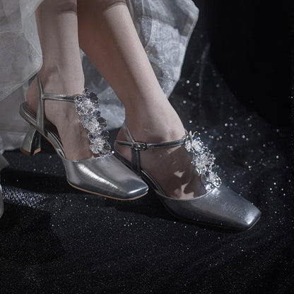 Summer Flower Sandals Sliver Shiny Leather Square Toe Ankle Straps High Heels T Strap Rose Dress Shoes