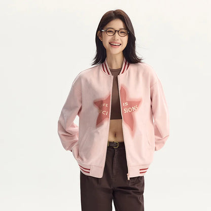 Coat Mid-length Imitation Suede Loose Contrast Color Jacket Autumn Letter American Retro Star Baseball Coat