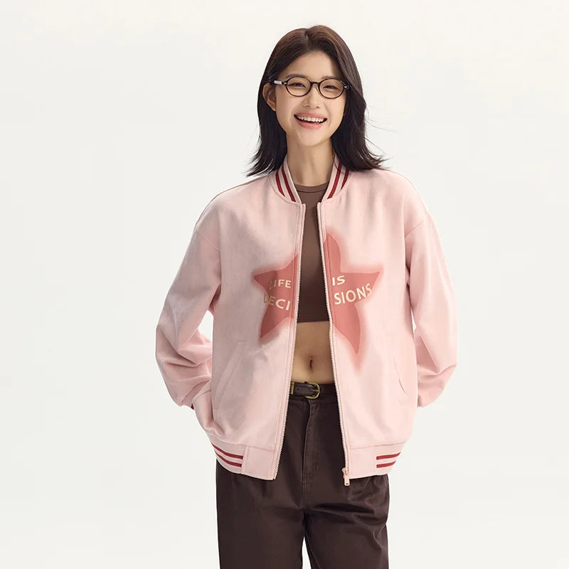 Coat Mid-length Imitation Suede Loose Contrast Color Jacket Autumn Letter American Retro Star Baseball Coat