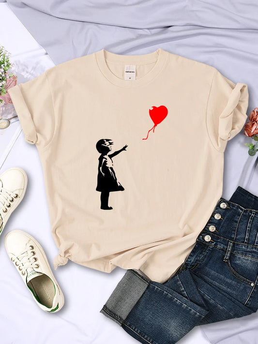 Let’s Fly Love Balloons Prints T-shirt Soft Breathable Short Sleeve Street Hip Hop Trend Tops Female Tee Clothing