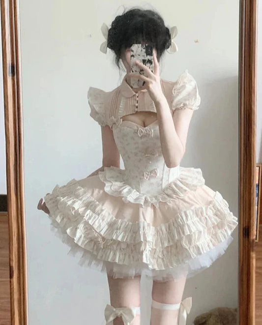 French Temperament Princess Skirt Sets Sweet Bow Strapless Slim Top Ball Gown Skirt Short Sleeve Coat Lolita Threepiece Sets