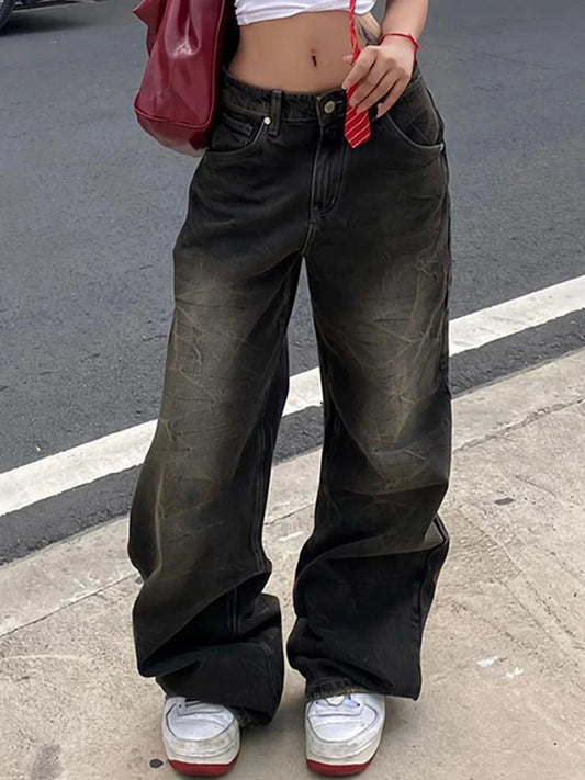 American Retro Straight Leg Jeans Woman Street Style Distressed Denim Pants