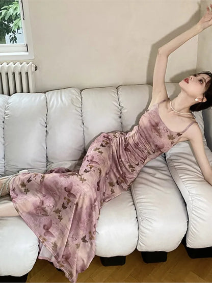 Printed Long Dresses for Mesh Spaghetti Strap Slim A-line Party Dress Summer Korean One Piece Vestido Mujer