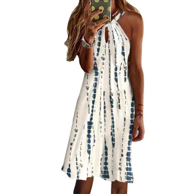 Simple Print Halter Neck Mini Dresses Hollow Out Backless Sleeveless Dress Lady Commuting Short Vestidos