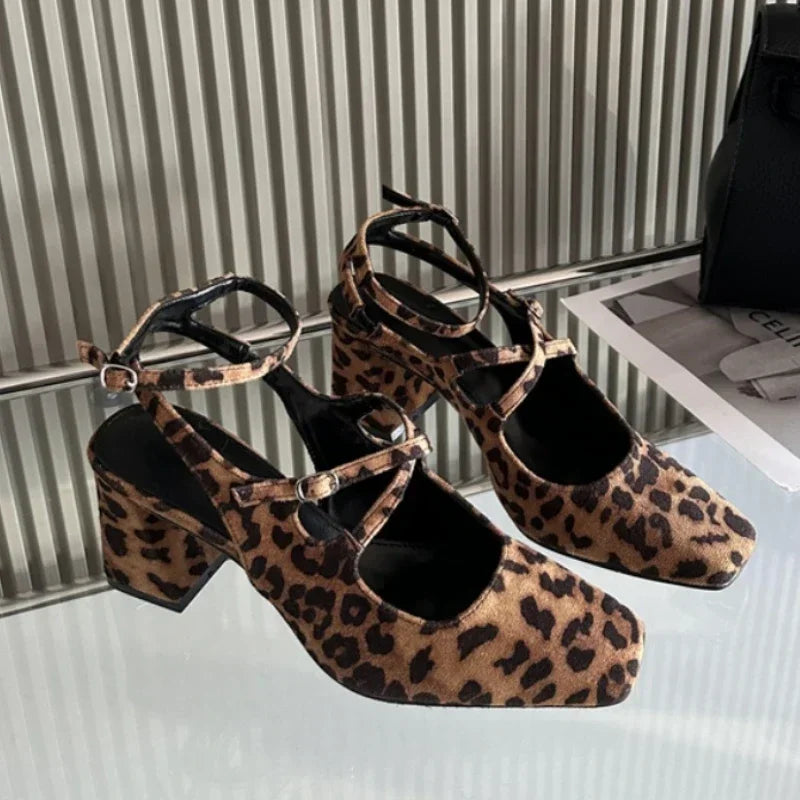Design Mary Jane Shoes Cross Belt Buckle Chunky Slingback Shoes Leopard Elegance High Heeled Sandals