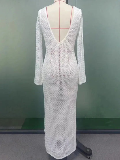 Crochet Beach Maxi Dress ’s Knitted Hollow Bikini Swimsuit Cover-up Sun Protection Dress See Through Slim Lady