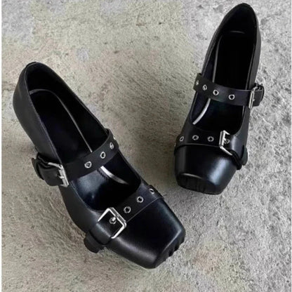 Designer Heeled Ballet Shoes Belt Buckle Chunky Heeled Platform Loafers New Square Toe Mary Jane Shoes