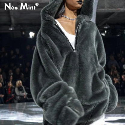 Runaway Brand Faux Fur Long Coat Big Pocket Warm Jacket Zip Hooded Fake Rabbit Fur Plush Overcoats