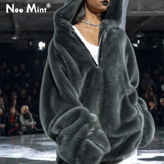 Runaway Brand Faux Fur Long Coat Big Pocket Warm Jacket Zip Hooded Fake Rabbit Fur Plush Overcoats