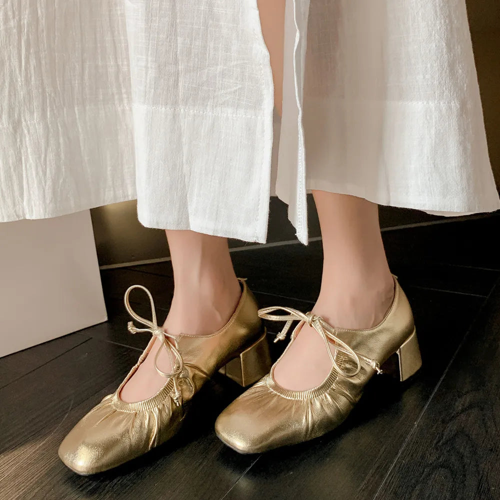 Mature Pumps Laceup Thick Heels Shoes Woman Spring Summer Office Lady Working Genuine Leather Pumps
