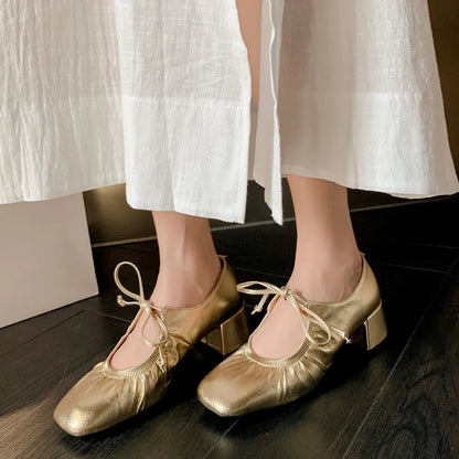 Mature Pumps Laceup Thick Heels Shoes Woman Spring Summer Office Lady Working Genuine Leather Pumps