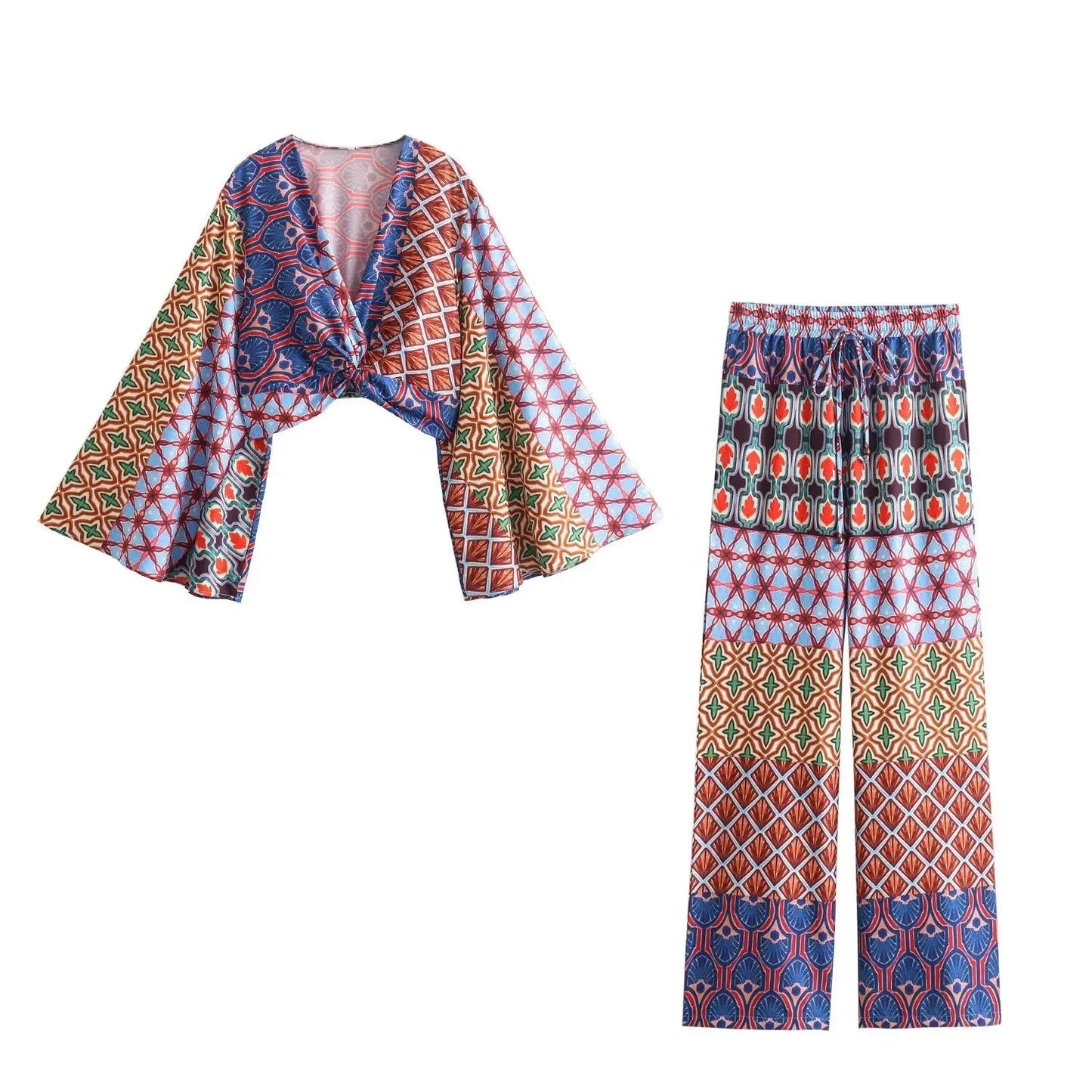 2 Piece Set Vneck Wide Long Sleeves Printed Crop Top Female Elastic High Waist Loose Pants