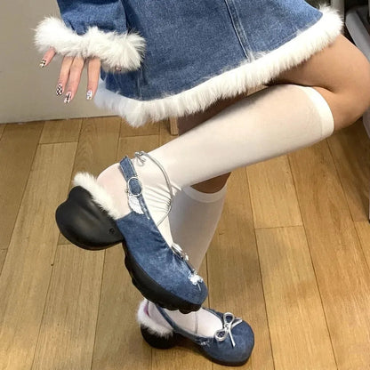 Denim Chunky Heel Bow Mary Jane Sandals Buckle Metal Decoration Square Toe Lace Up Pumps Shallow Wrinkled Woolen Shoes